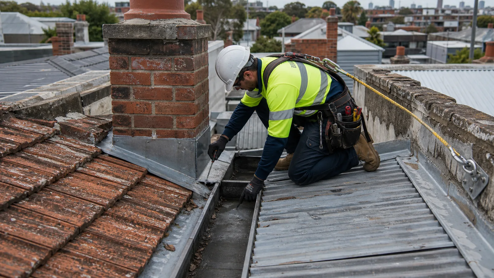 Roof leak repair detail on a Brunswick property
